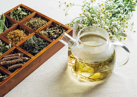 Various dried herbs and a teapot with herbal tea