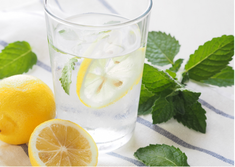Glass of fresh water with lemon and peppermint