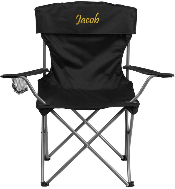Flash Furniture Ty1410-bk-txtemb-gg Personalized Folding Camping Chair With Drink Holder In Black