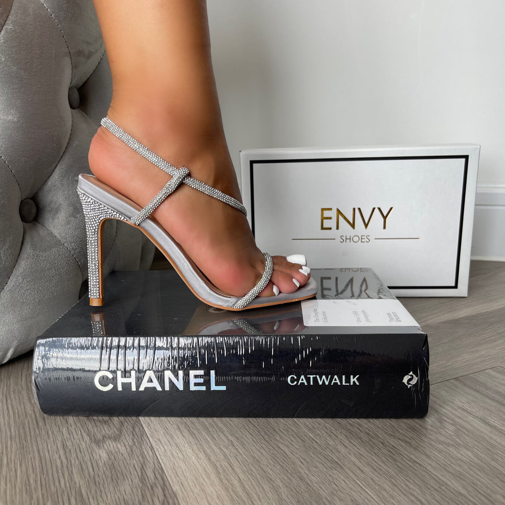 ELISSA SILVER SATIN STRAPPY DIAMANTE HEELS – Envy Shoes UK