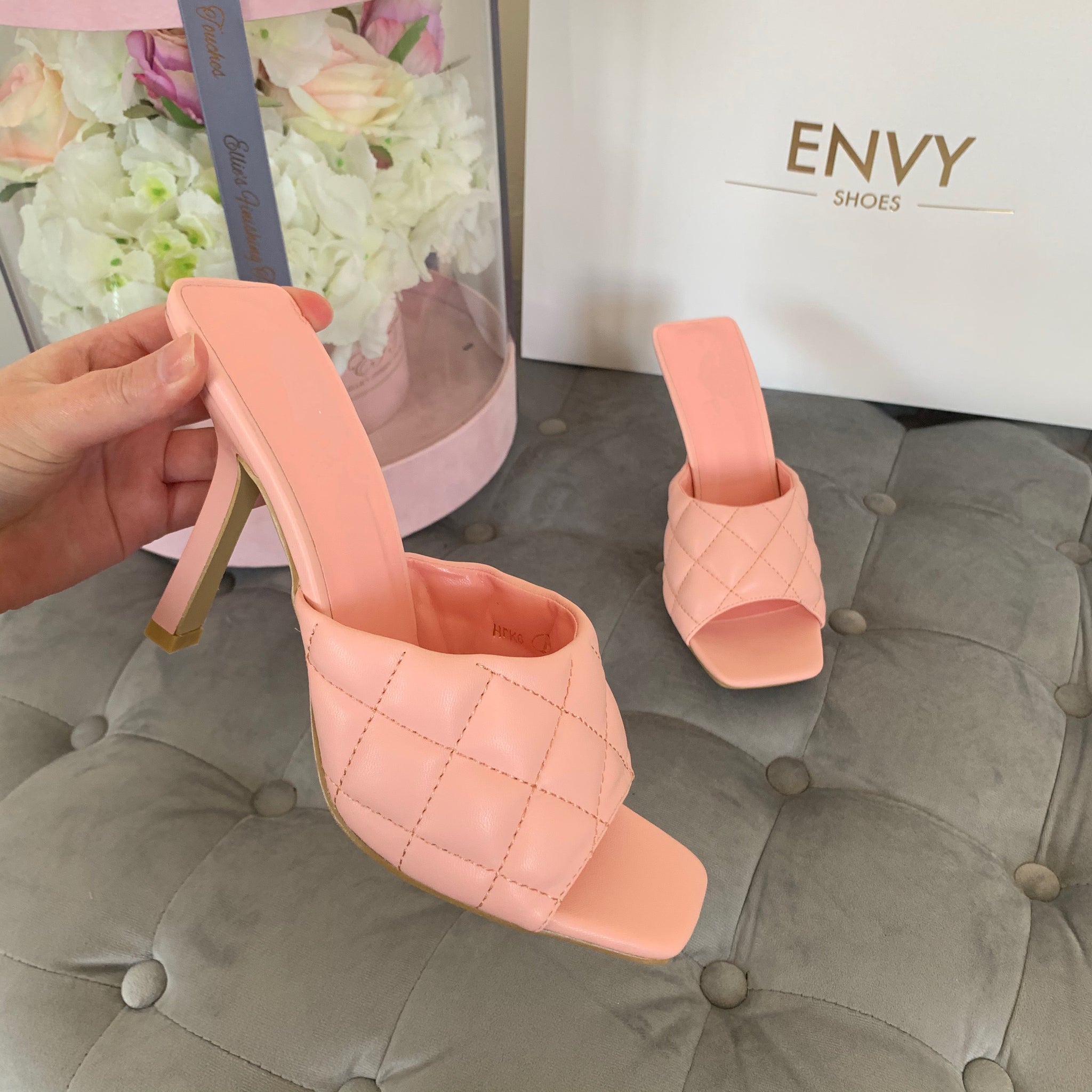 KELSEY BABY PINK QUILTED HEELED MULES 