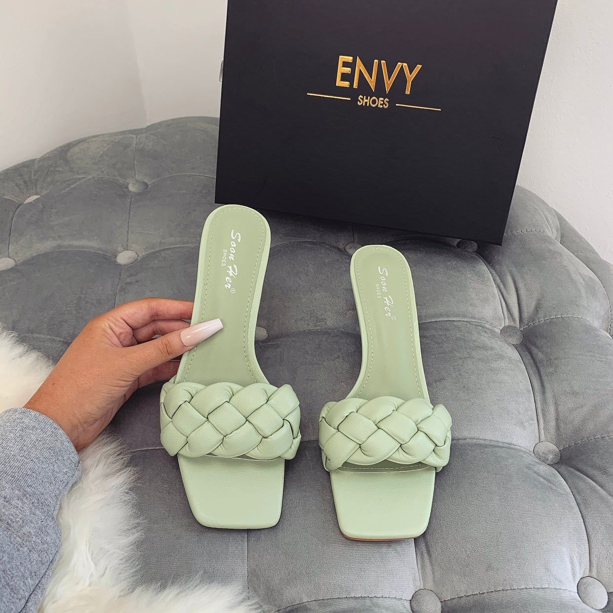 sage green block heels