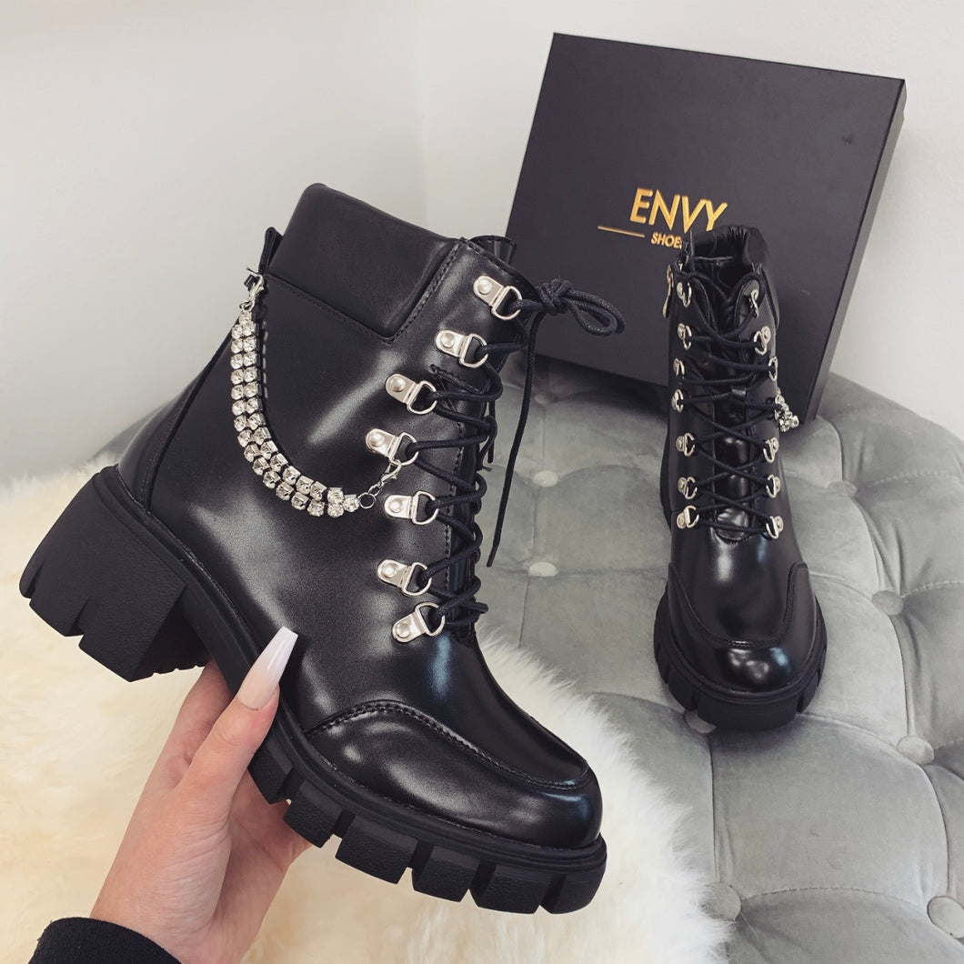 STORMI BLACK DIAMANTE CHAIN BIKER BOOTS 