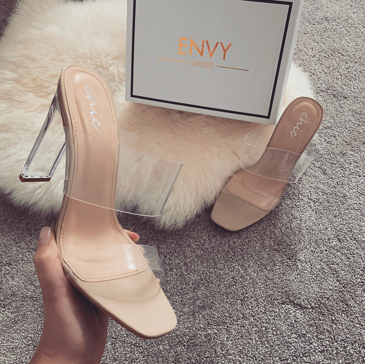 perspex mule heels