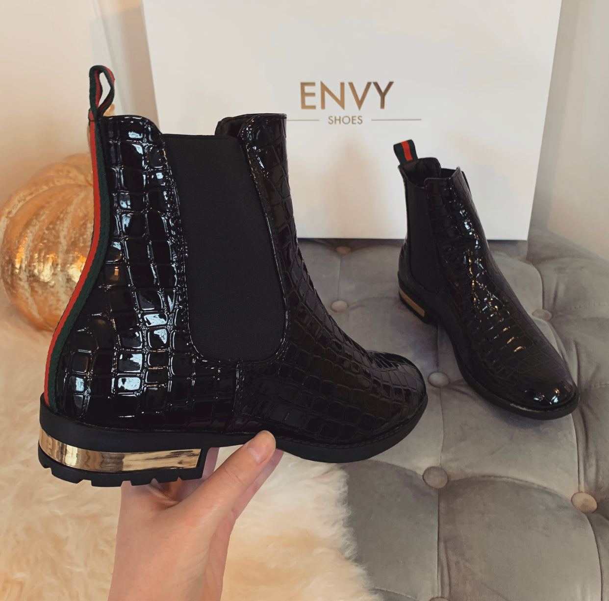 black croc patent boots