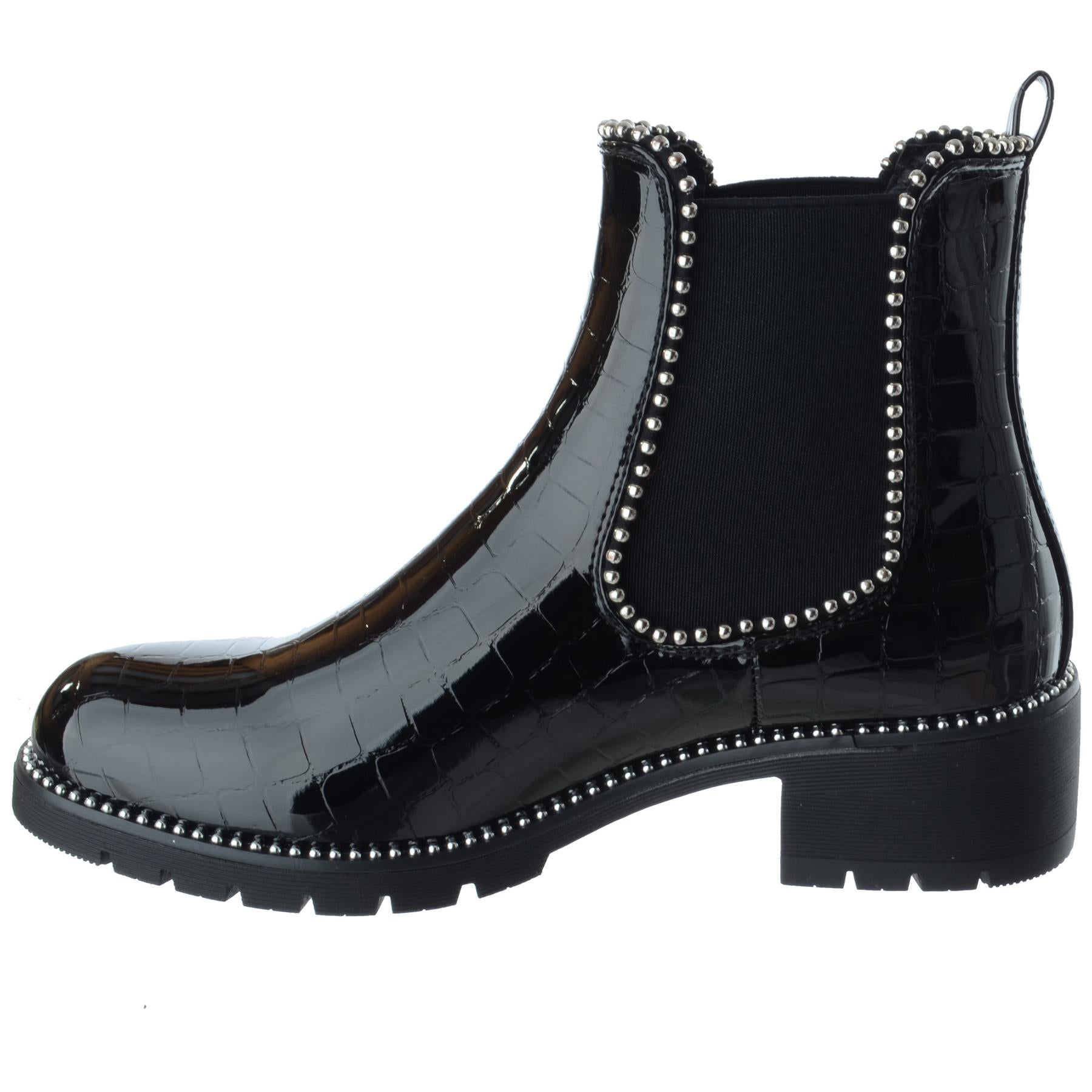 black studded patent croc print chelsea boots