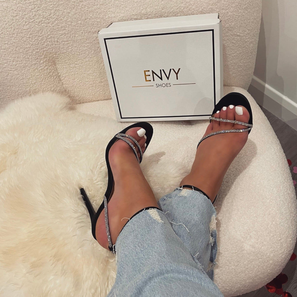 ELISSA SILVER SATIN STRAPPY DIAMANTE HEELS – Envy Shoes UK