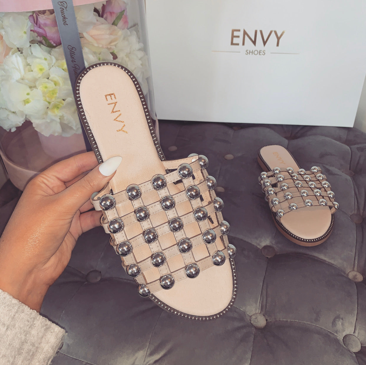 MADISON STUDDED CAGED NUDE SLIDERS 