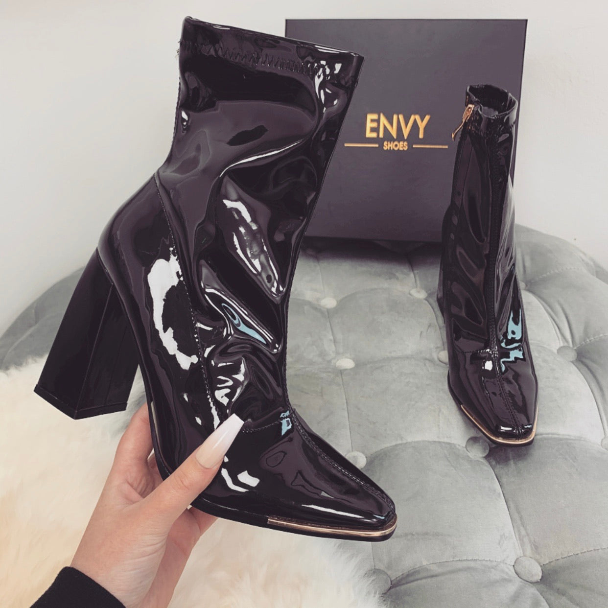 ELODIE BLACK PATENT TOE CAP ANKLE BOOTS 