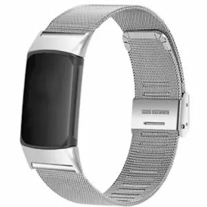 Fitbit Charge 5 with rounded display and silver mesh strap