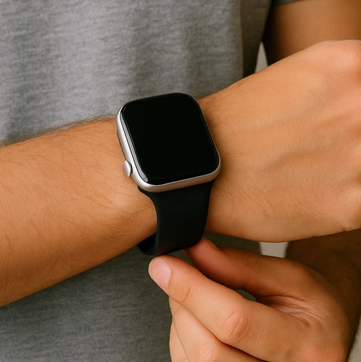 Person adjusting a black Apple Watch strap on their wrist