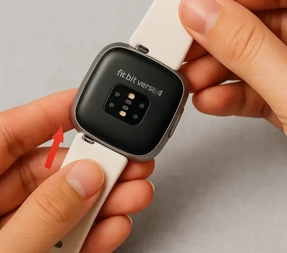 Close-up of hands beginning to change the strap on a Fitbit Versa 4, showing a red arrow indicating the quick-release lever