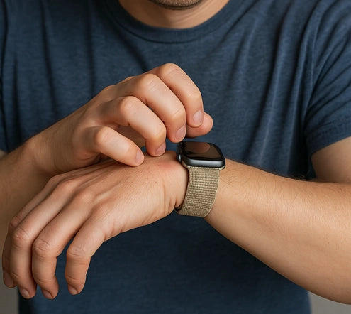Man wearing a nickel free Apple Watch band with a beige fabric strap