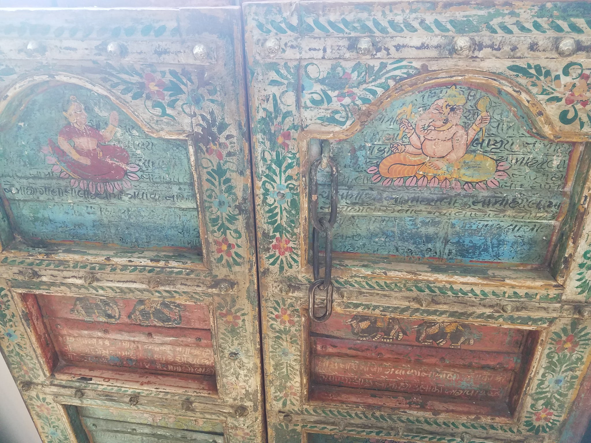 Antique Indian Folk Art Painted Teak Wood Interior Doors