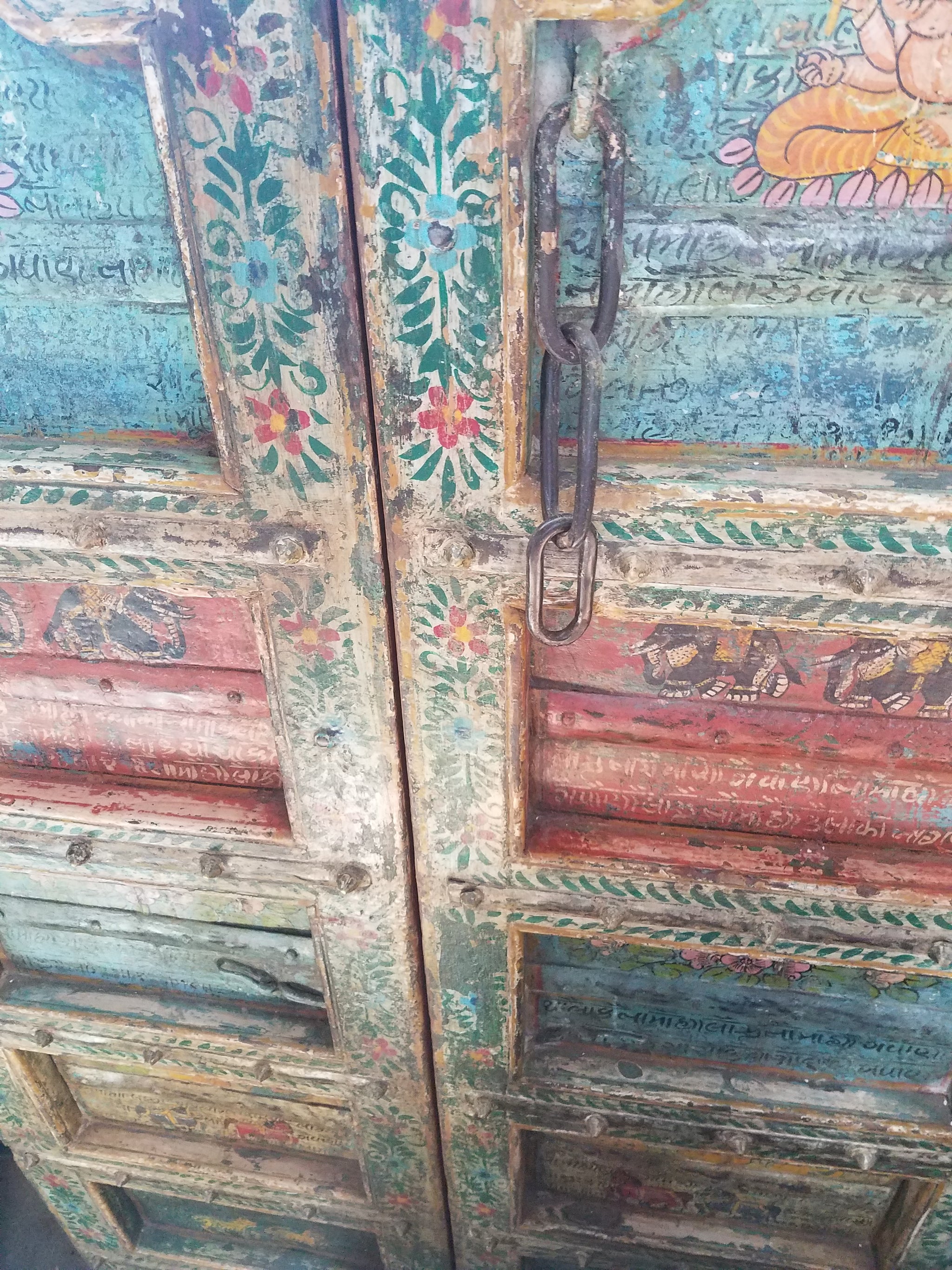 Antique Indian Folk Art Painted Teak Wood Interior Doors