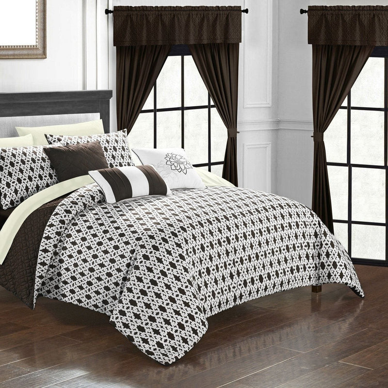 Chic Home Sigal 20 Reversible Comforter Set Two-Tone Geometric Pattern Quilted Bed In a Bag-Brown