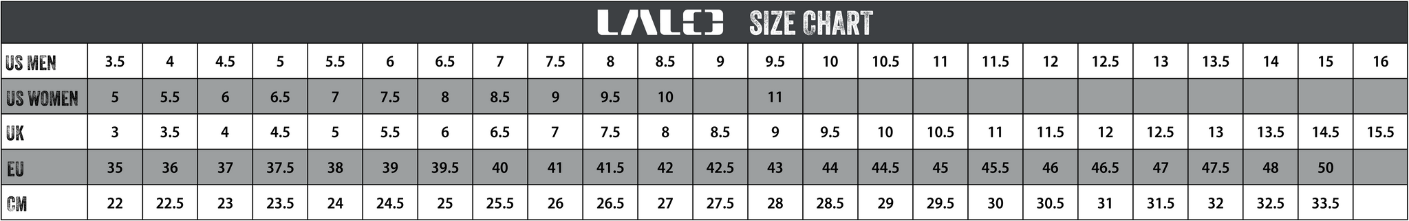 LALO USA // US Men's, US Women's, UK, EU, and CM sizing chart