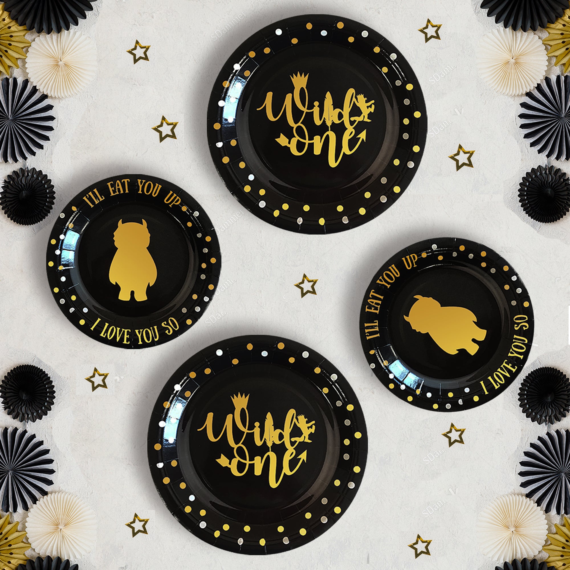 WildOne Complete Party Set. Plates, Cups, Bowl, Napkins, banners, cake toppers | OrangeDolly USA