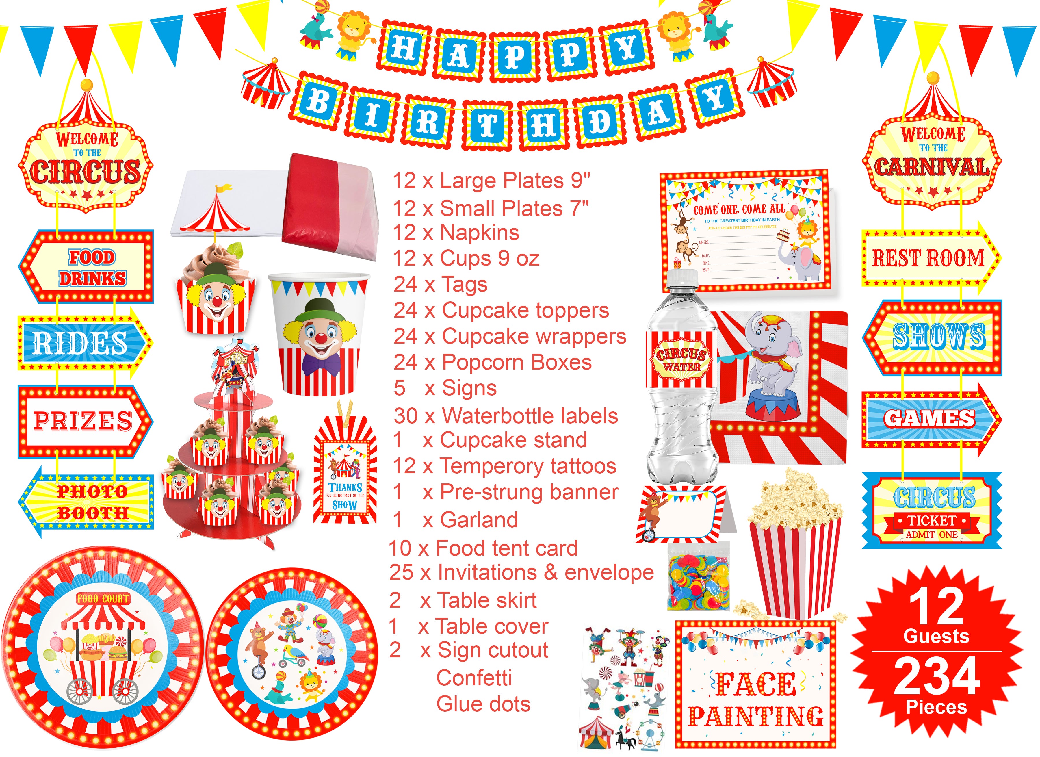 Carnival Circus party theme. plates, banners, cake toppers, invitations, birthday decorations | OrangeDolly USA