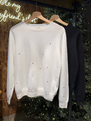 Allover Rhinestone 100% Cashmere Sweater WITH CUSTOM HAND EMBROIDERY (2 Colors) - I STOLE MY BOYFRIEND'S SHIRT