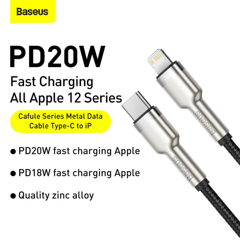 BASEUS PD 20W USB-C to Lightning Charging Cable (2M) | Cafule Metal Series Type-C to Apple iPhone Fast Charger Cable