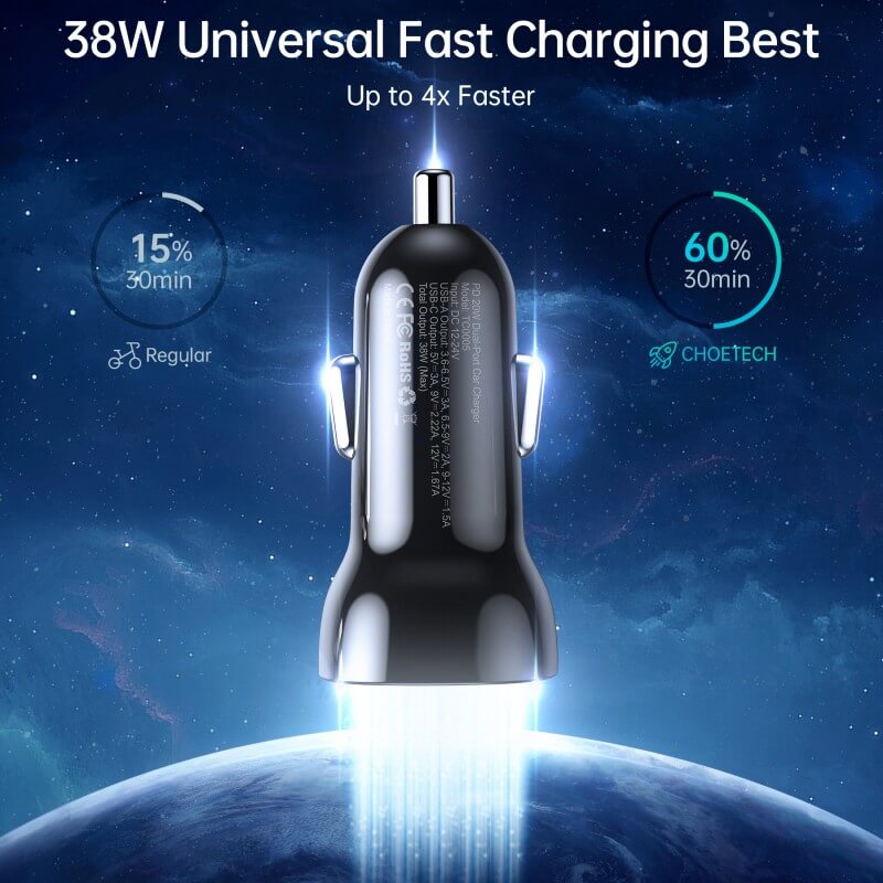 CHOETECH Fast Car Charger 38W Dual USB-A + USB Type-C