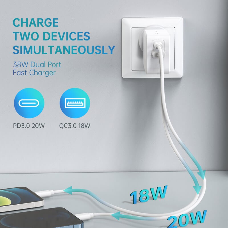 CHOETECH USB-A + Type C 38W Wall Fast Charger Adapter Plug