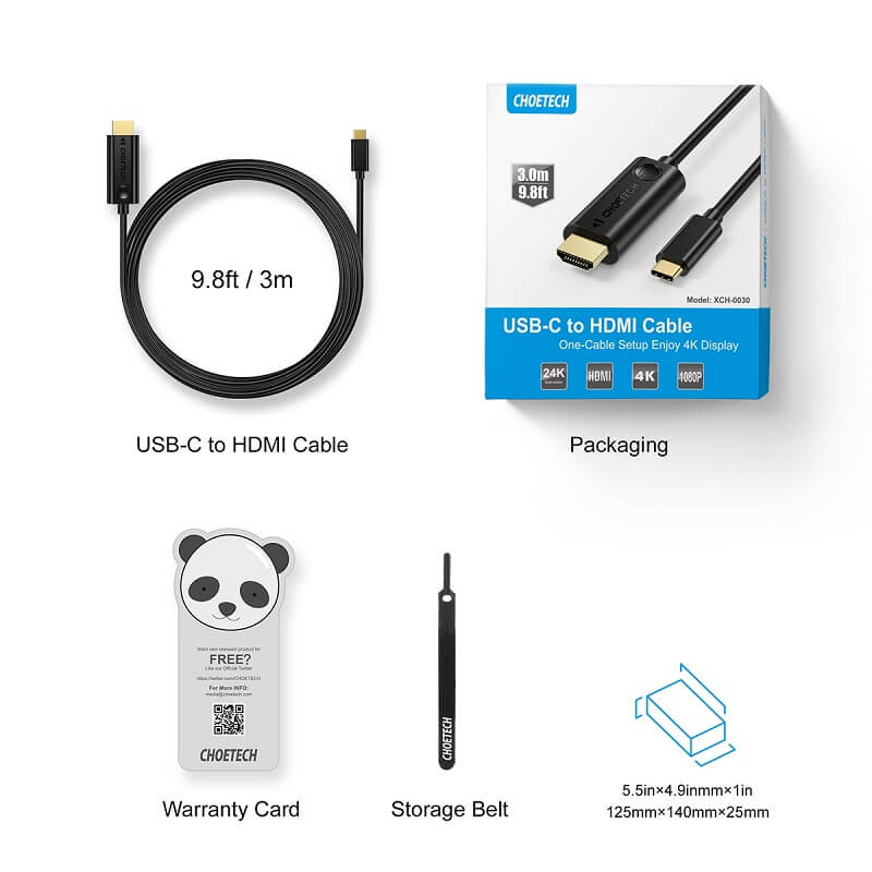 CHOETECH 3M Thunderbolt 3 USB C to HDMI Cable (XCH-0030BK)