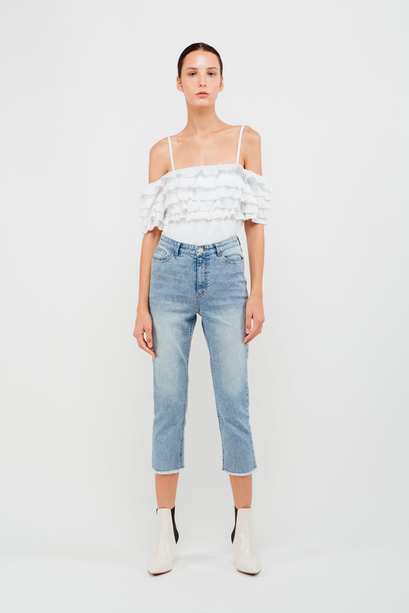 white ruffle shoulder top