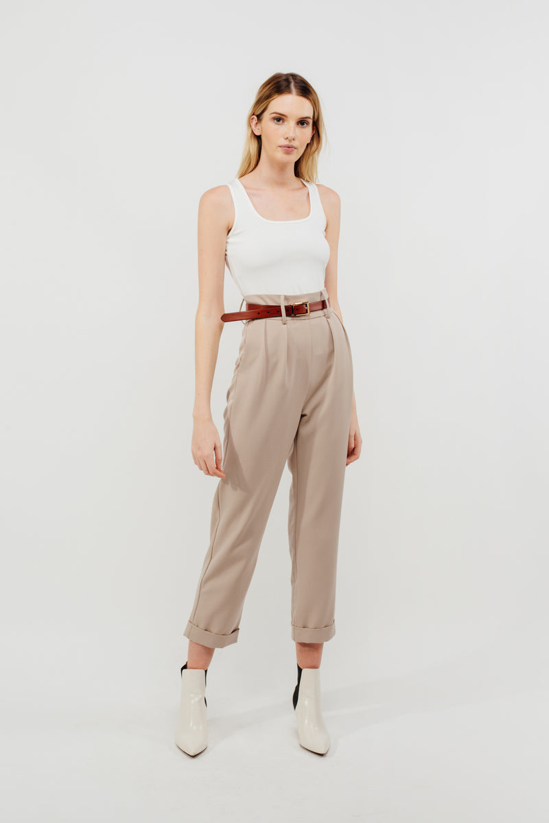 Cuffed High Waisted Trousers In Beige – KLARRA