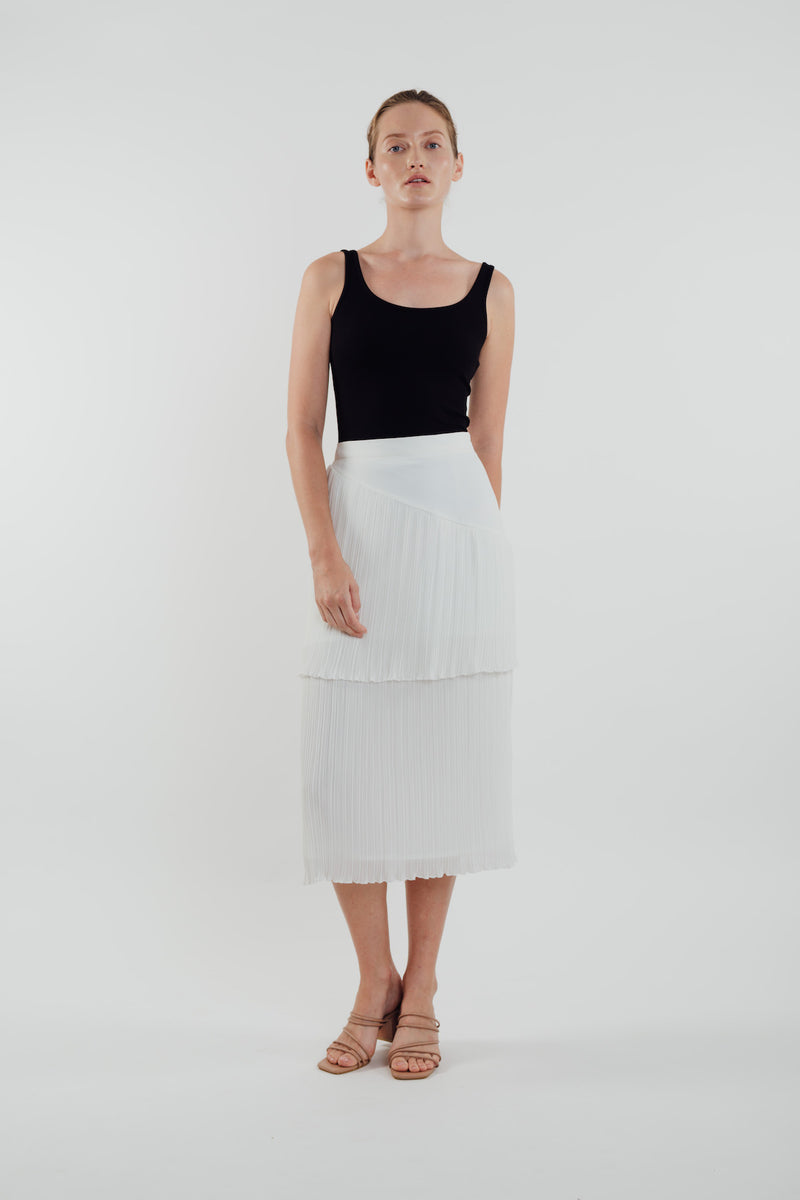 white pleated skirt midi