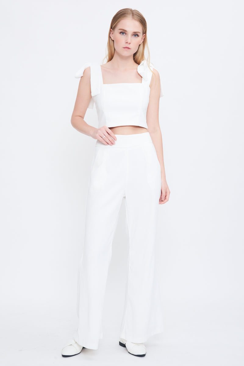 white high waisted flare trousers