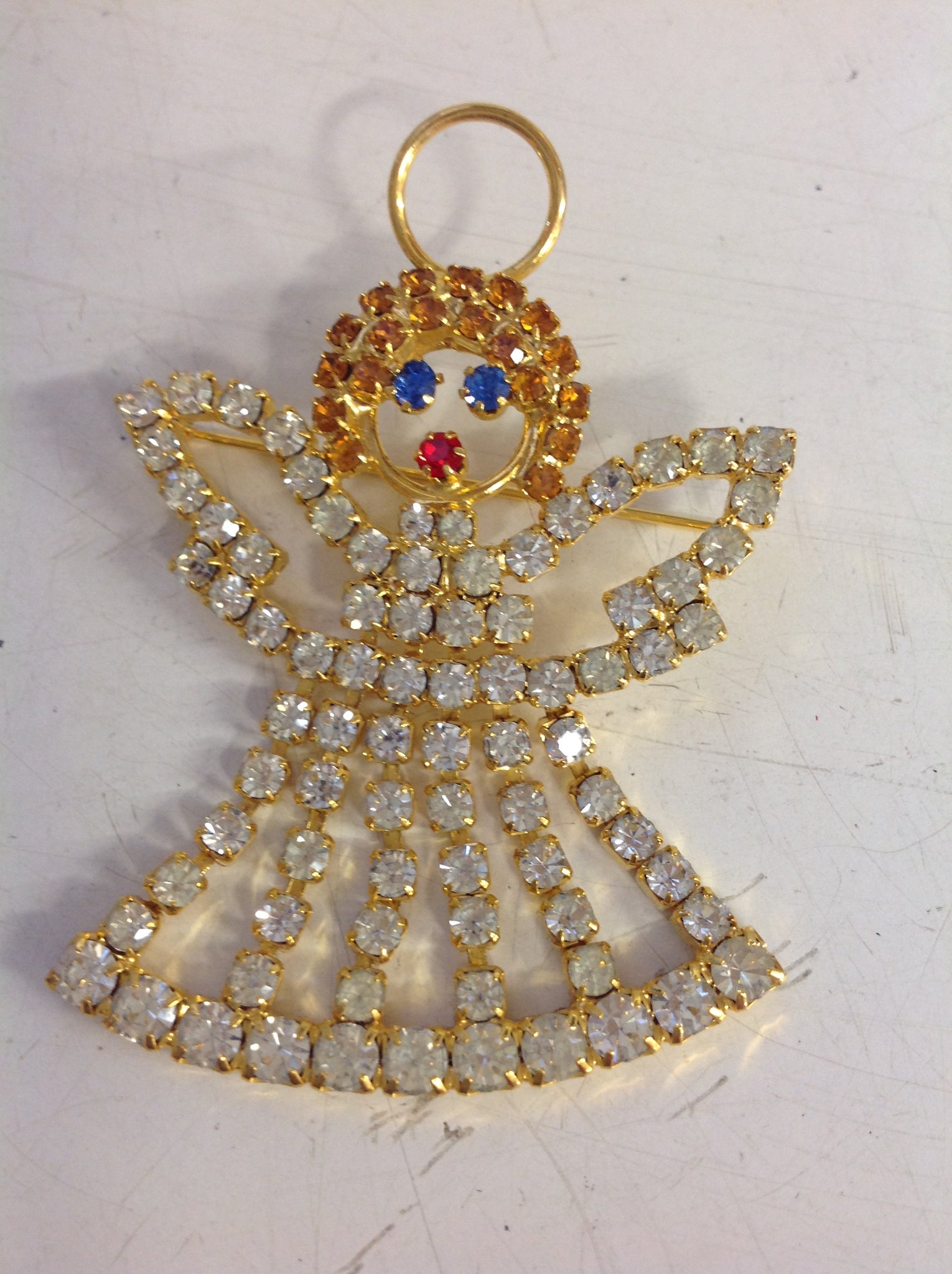 Vintage Holiday Brooch Pin Goldtone Dangling Angel with Rhinestones ...