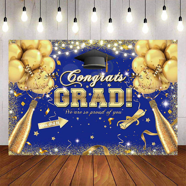 Mocsicka Congrats Grad Gold Balloons and Champagne Blue Background ...