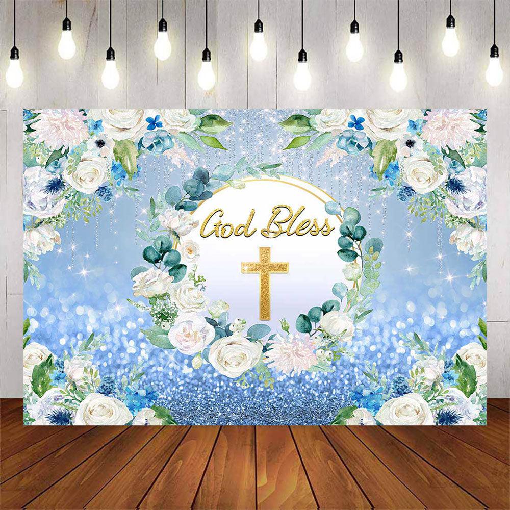 Mocsicka White Flowers Gold Cross God Bless Baby Shower Backdrop ...