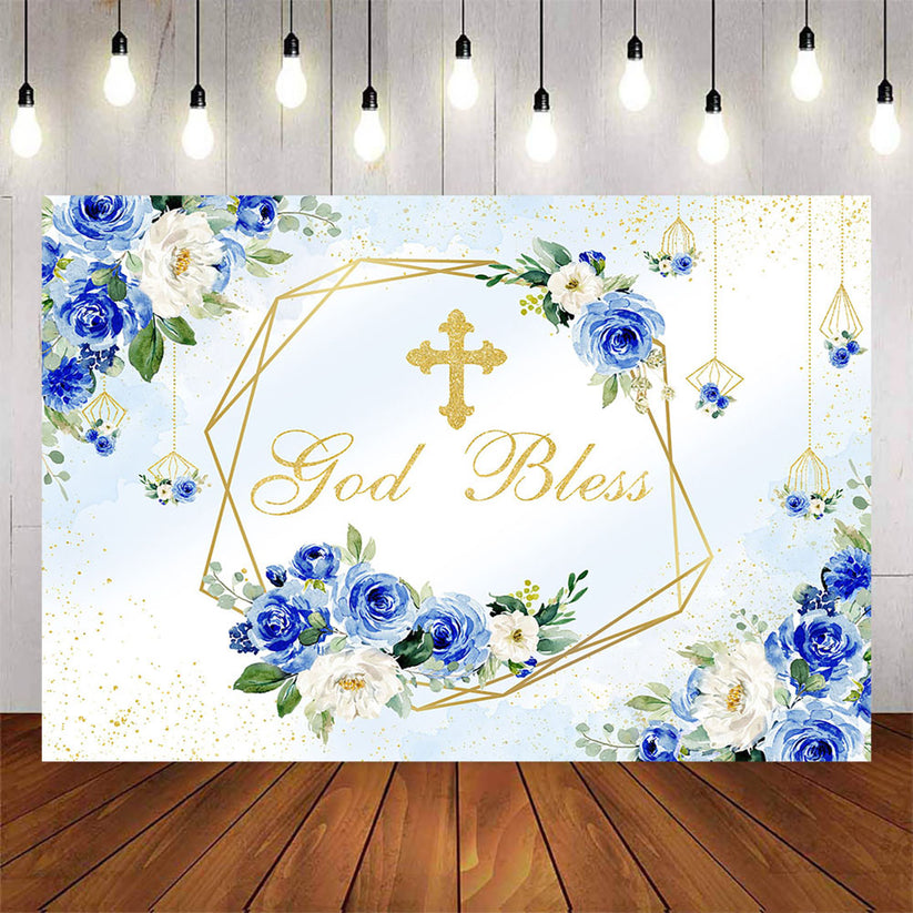 Mocsicka Blue and White Flowers God Bless Baby Shower Backdrop ...
