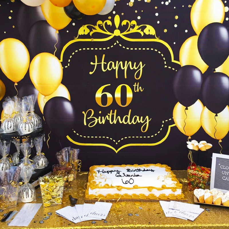 Happy 60th Birthday Party Supplies Black Gold Balloons and Dots Backdrop –  Mocsicka Party