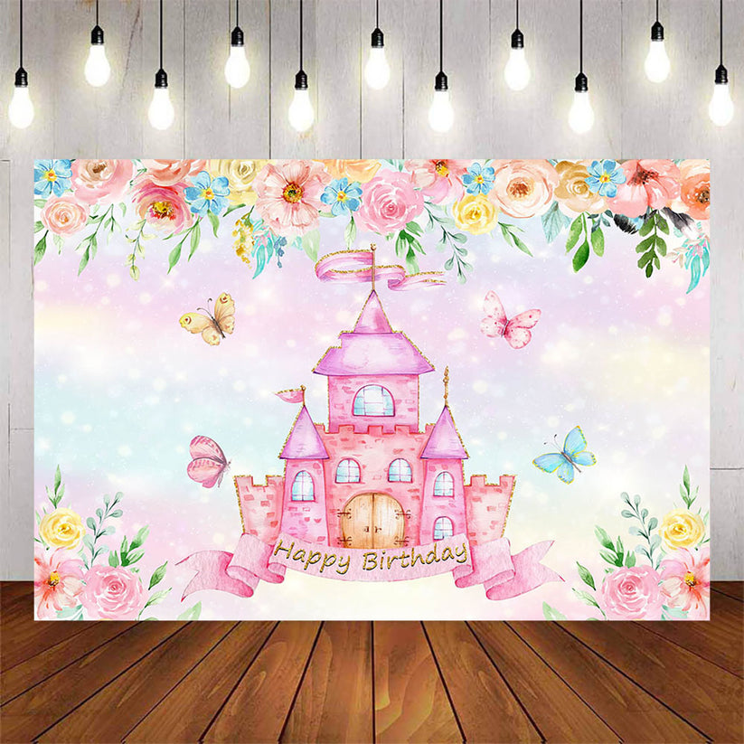 Mocsicka Pink Castle and Flowers Happy Birthday Background – Mocsicka Party