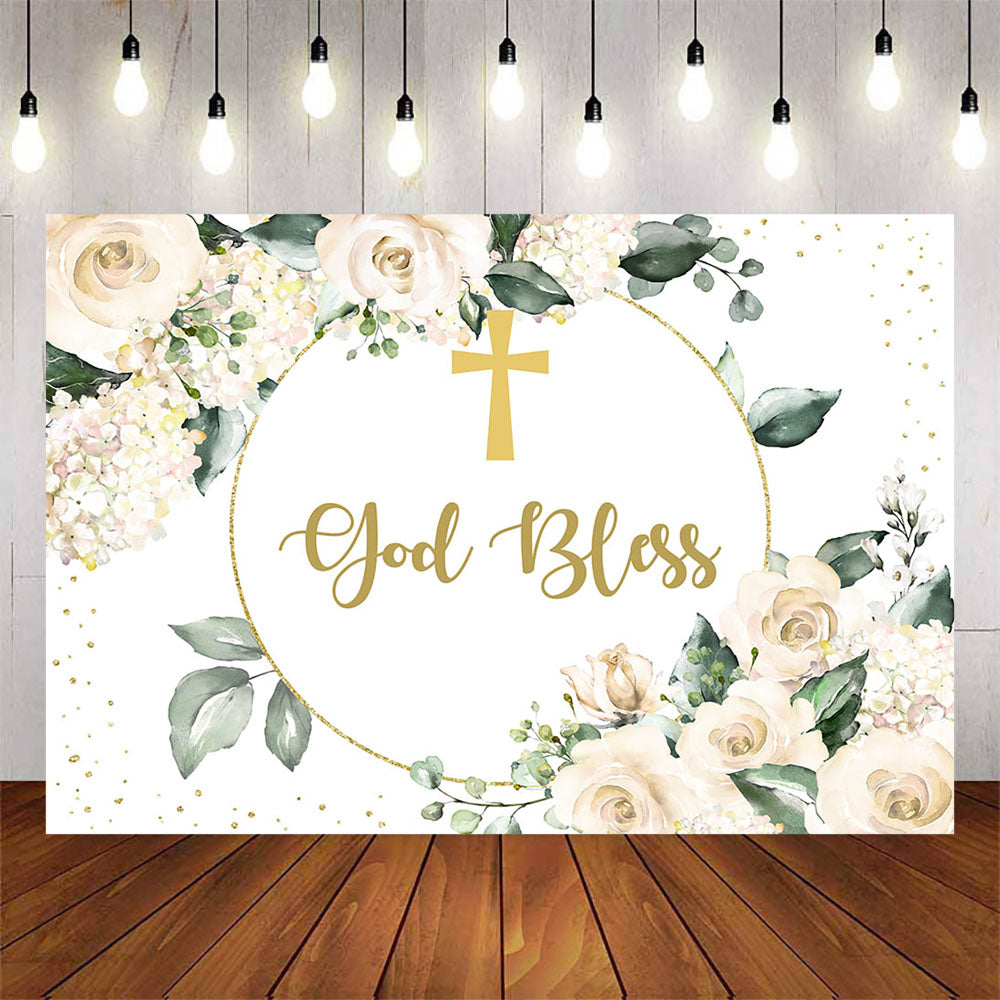 Mocsicka God Bless Golden Cross and Flowers Baby Shower Backdrop ...