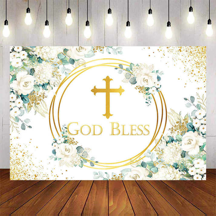 Mocsicka White Flowers and Gold Cross God Bless Baby Shower Backdrop ...