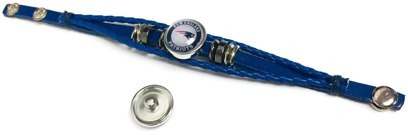 NFL Football Fan New England Patriots Blue Leather Bracelet W/ Circle and Logo 18MM - 20MM Snap Char