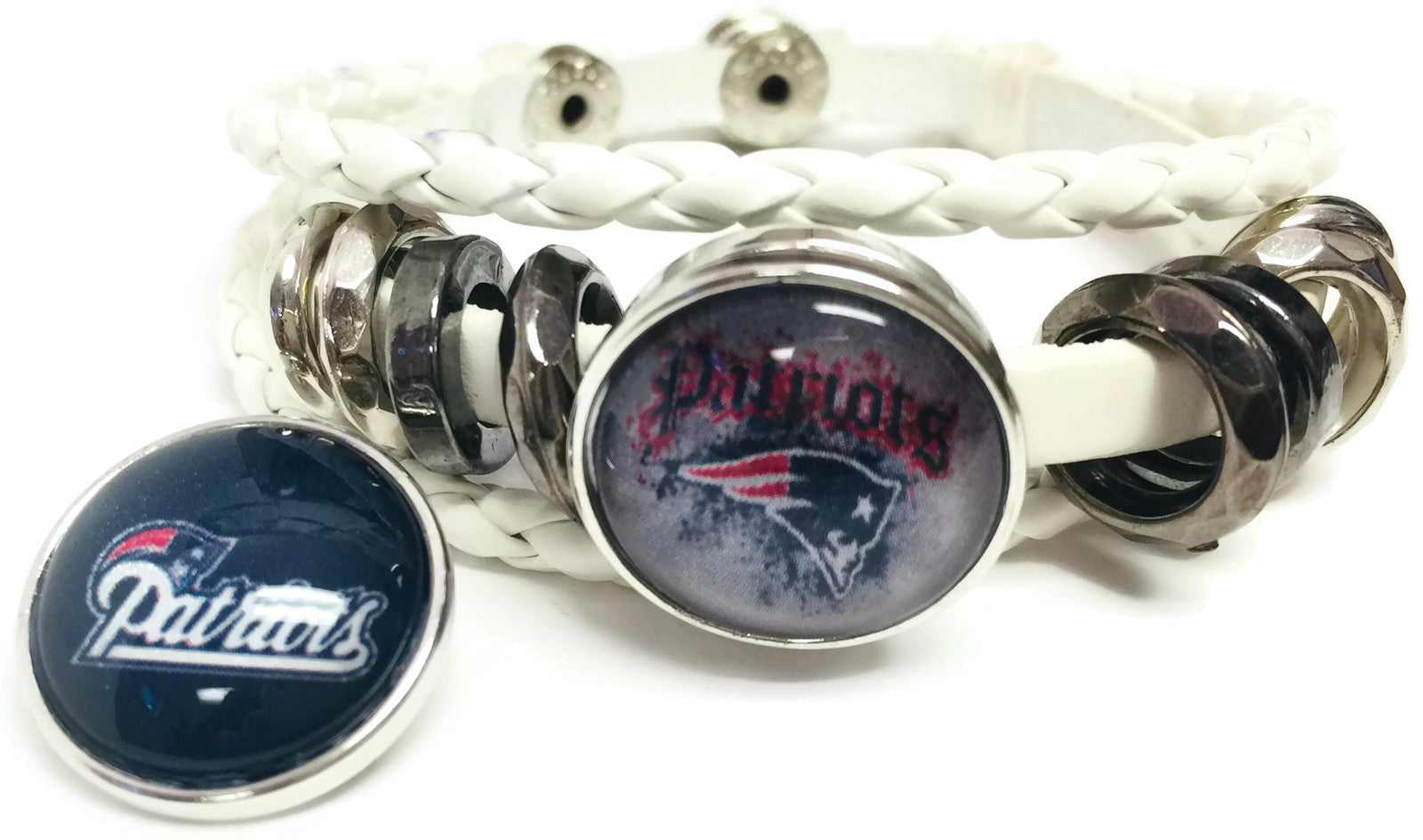 NFL New England Patriots White Leather Football Fan Blue Pats Gray Logo Bracelet W/2 18MM - 20MM Sna