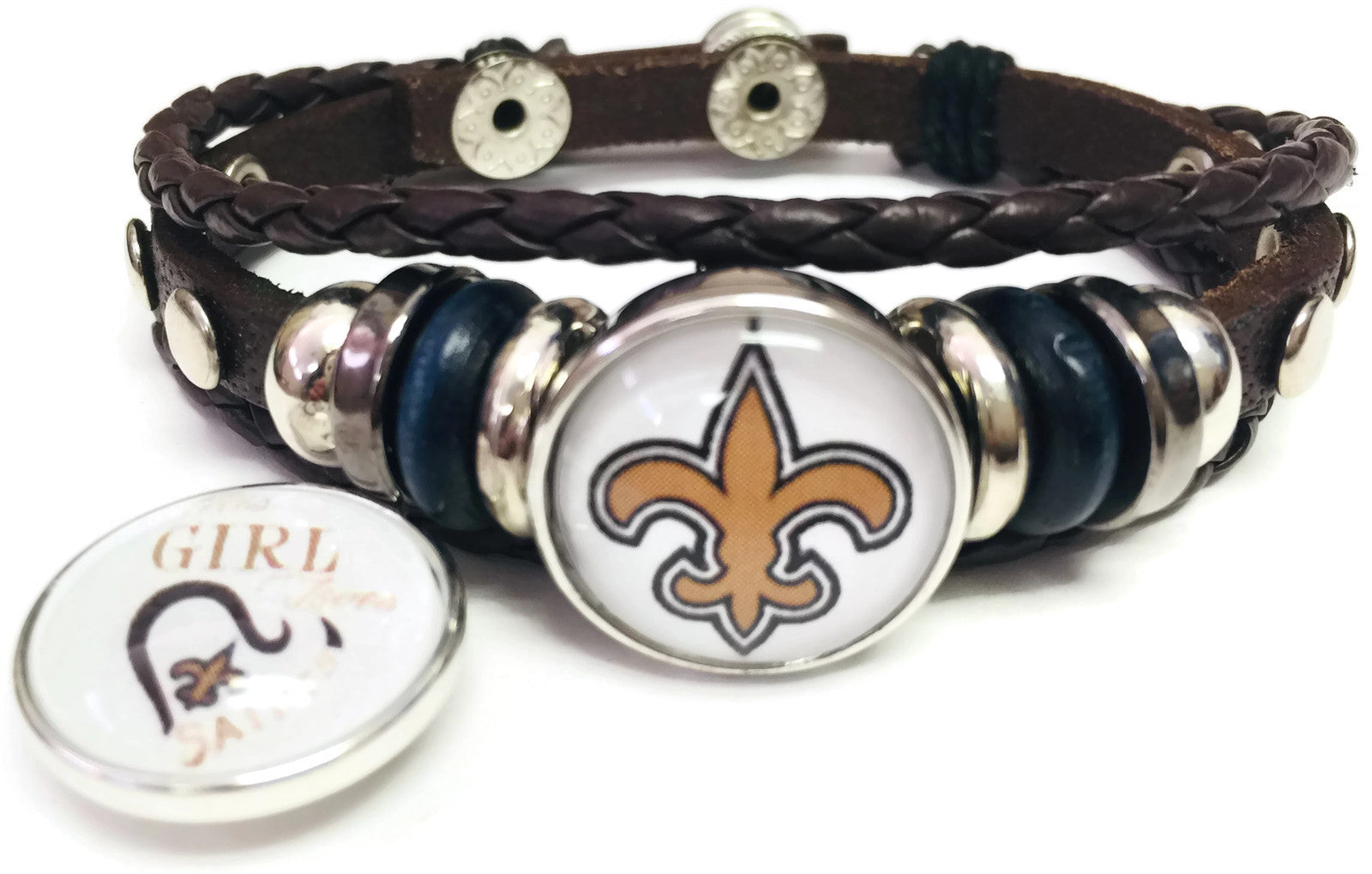 NFL New Orleans Girl Loves The Saints Logo Bracelet Football Fan Brown Leather W/2 18MM - 20MM Snap 