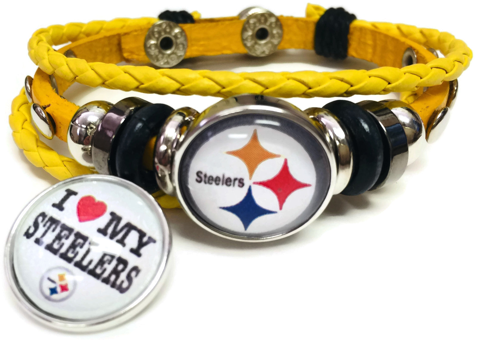 NFL Pittsburgh Steelers Bracelet Love & Circle Logo NFL Football Fan Yellow Leather  W/2 18MM - 