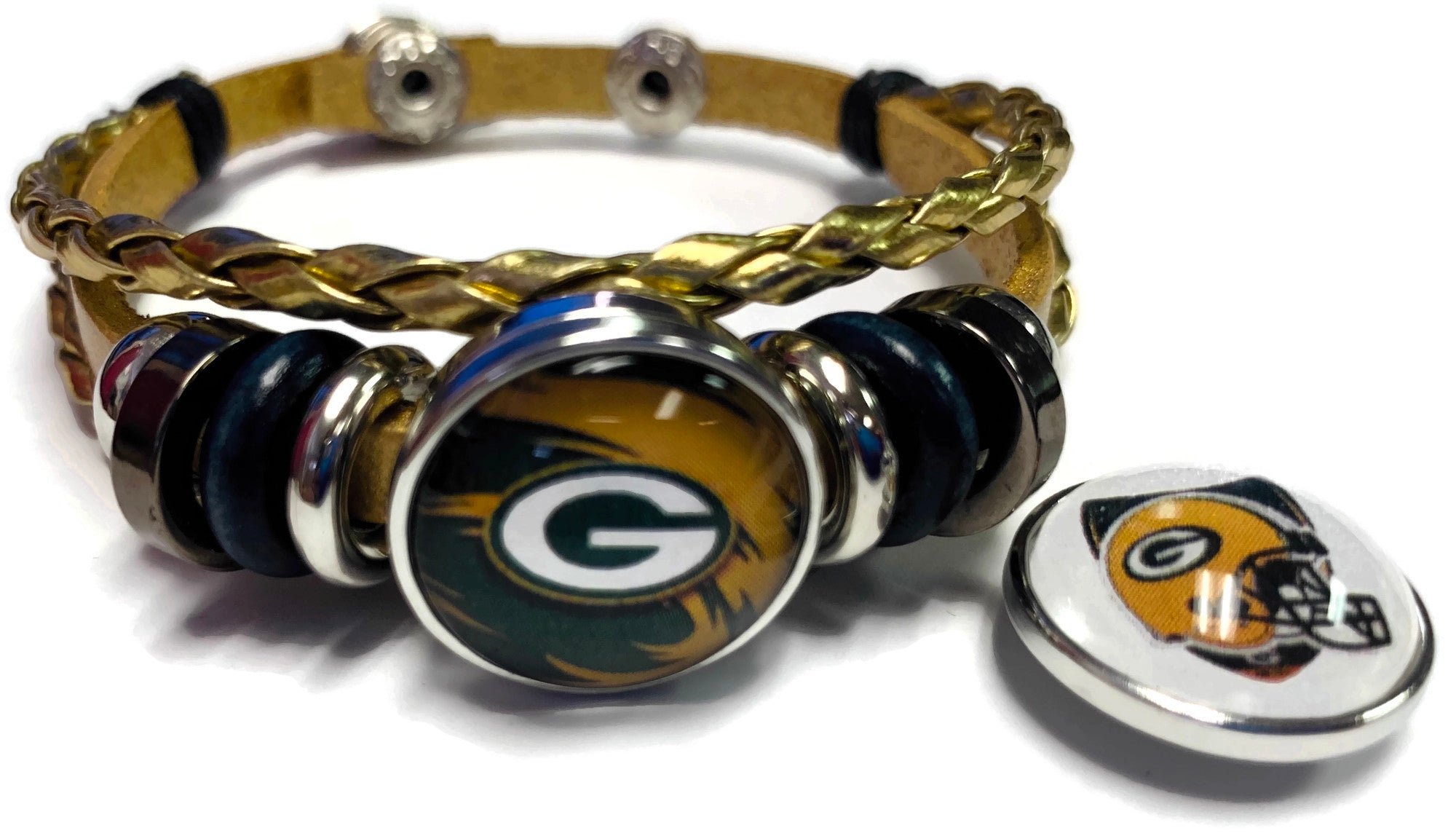 NFL Green Bay Packers Gold Leather Bracelet W/2 Cool Football Logo Snap Jewelry Charms New Item