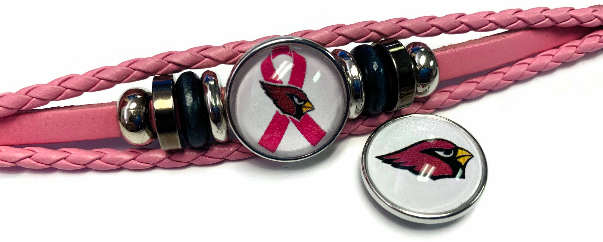 Breast Cancer Awareness NFL Arizona Cardinals Pink Leather Bracelet W/2 Snap Jewelry Charms New Item