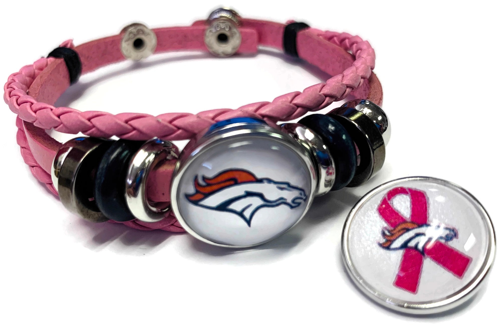 Breast Cancer Awareness NFL Denver Broncos Pink Leather Bracelet W/2 Snap Jewelry Charms New Item