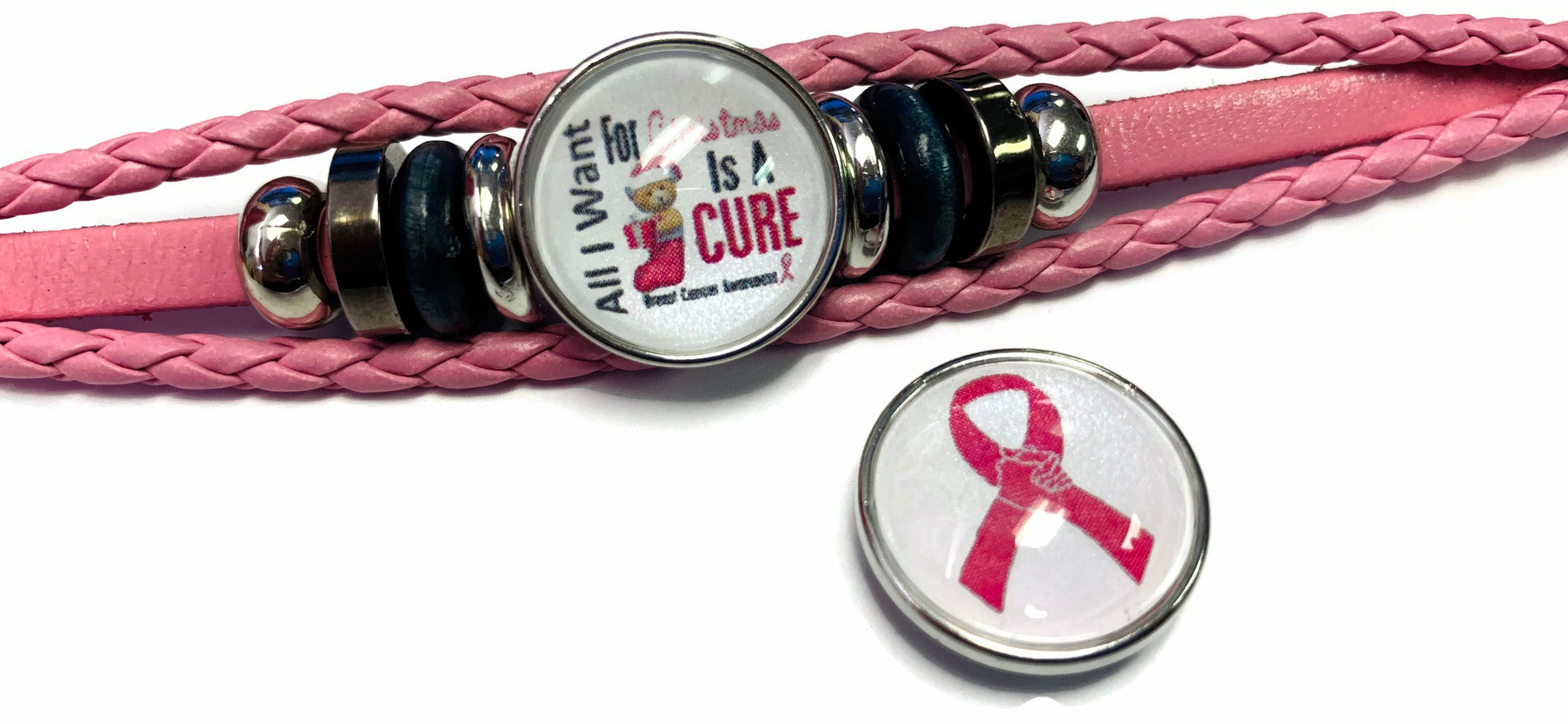 Breast Cancer Awareness Ribbon Christmas Cure Pink Leather Bracelet W/2 Snap Jewelry Charms New Item