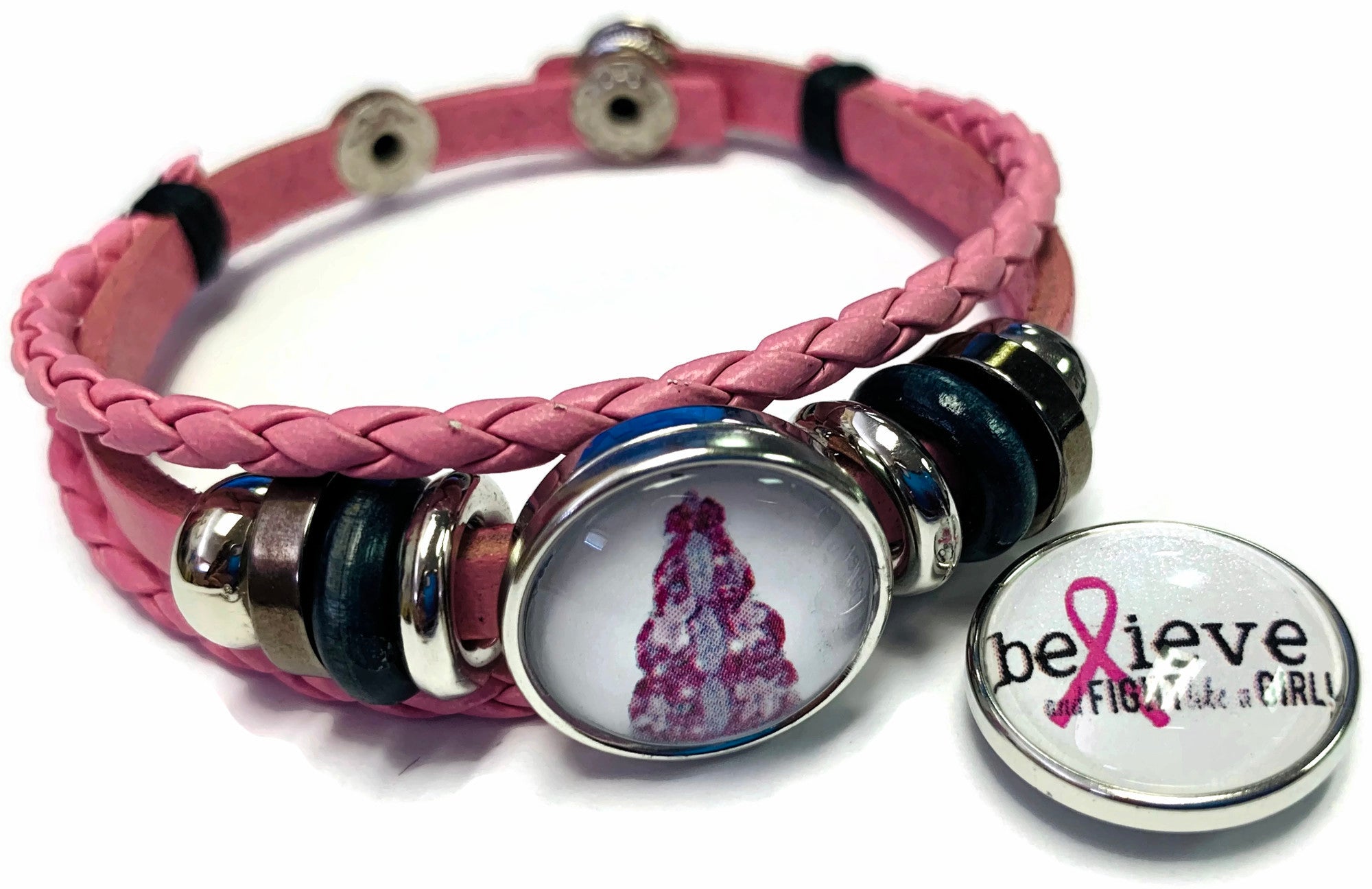 Breast Cancer Awareness Christmas Tree Believe Fight Pink Leather Bracelet W/2 Snap Jewelry Charms N