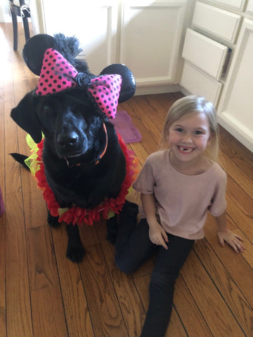 girl sitting with dog. dog has been dressed up like a doll